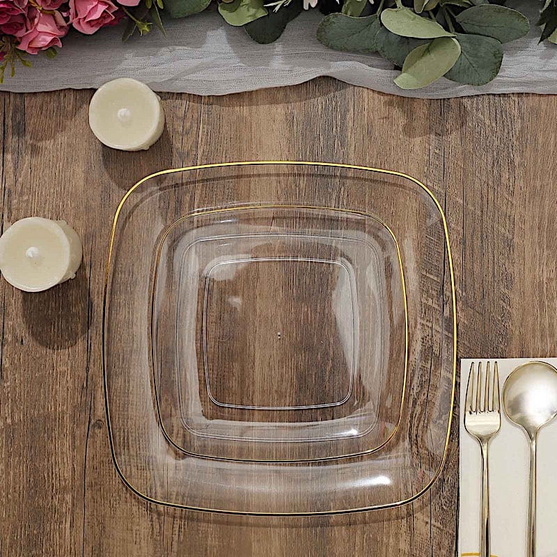 10 Square Disposable Salad and Dinner Plastic Plates with Gold Trim