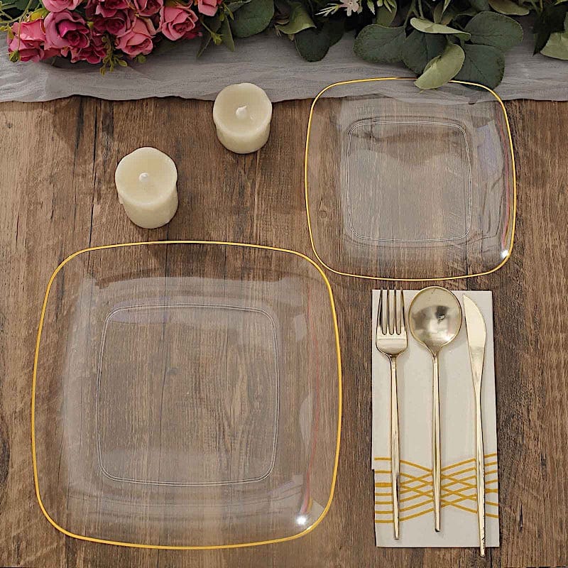 10 Square Disposable Salad and Dinner Plastic Plates with Gold Trim