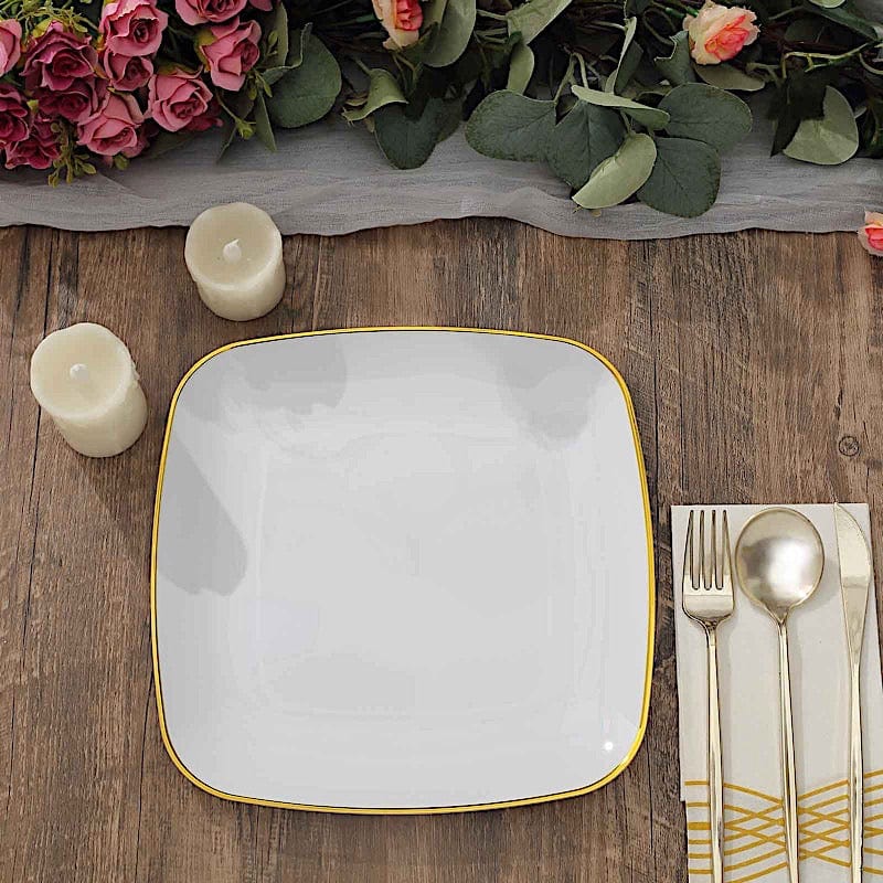 10 Square Disposable Salad and Dinner Plastic Plates with Gold Trim
