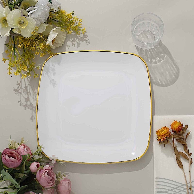10 Square Disposable Salad and Dinner Plastic Plates with Gold Trim