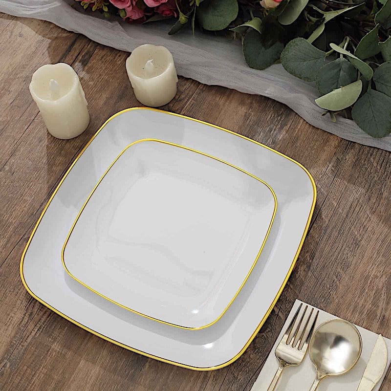 10 Square Disposable Salad and Dinner Plastic Plates with Gold Trim