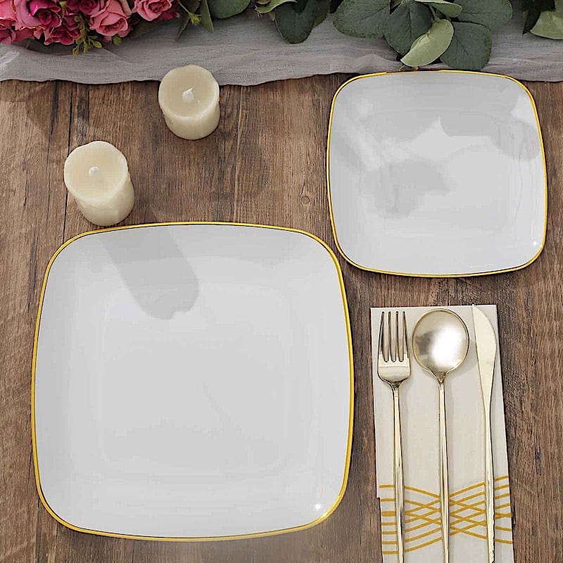 10 Square Disposable Salad and Dinner Plastic Plates with Gold Trim