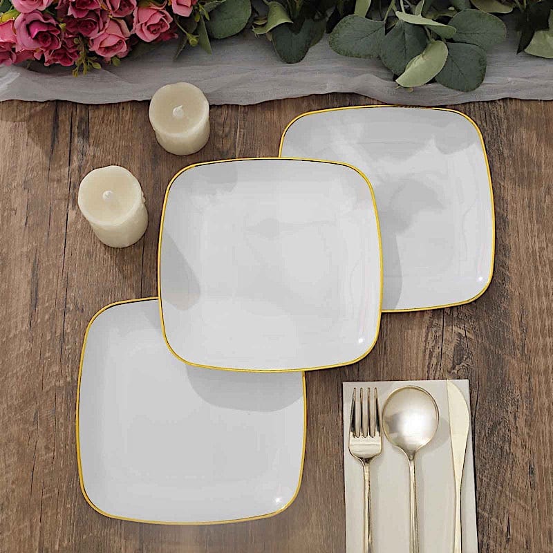 10 Square Disposable Salad and Dinner Plastic Plates with Gold Trim