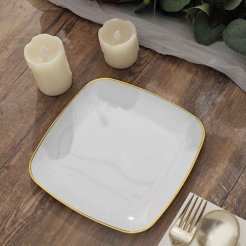 10 Square Disposable Salad and Dinner Plastic Plates with Gold Trim