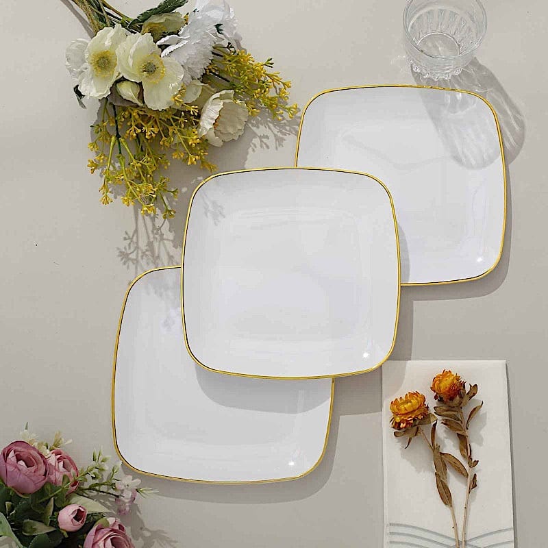 10 Square Disposable Salad and Dinner Plastic Plates with Gold Trim
