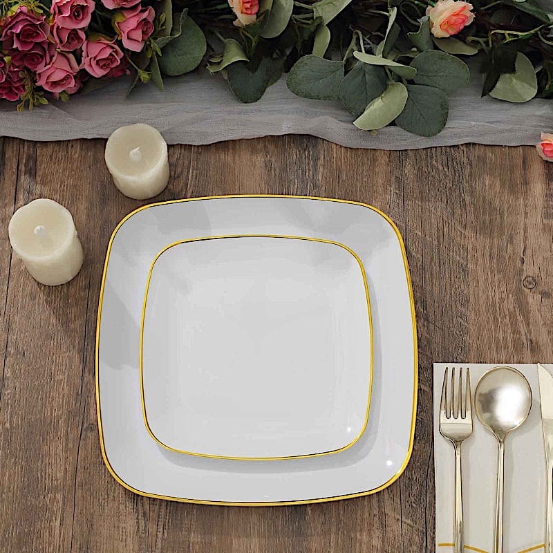 10 Square Disposable Salad and Dinner Plastic Plates with Gold Trim