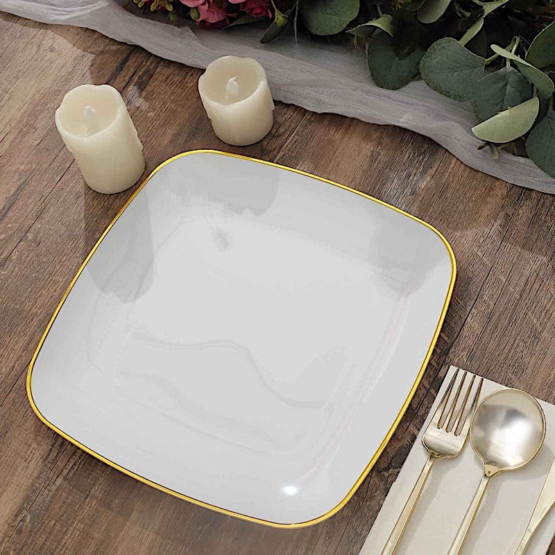 10 Square Disposable Salad and Dinner Plastic Plates with Gold Trim