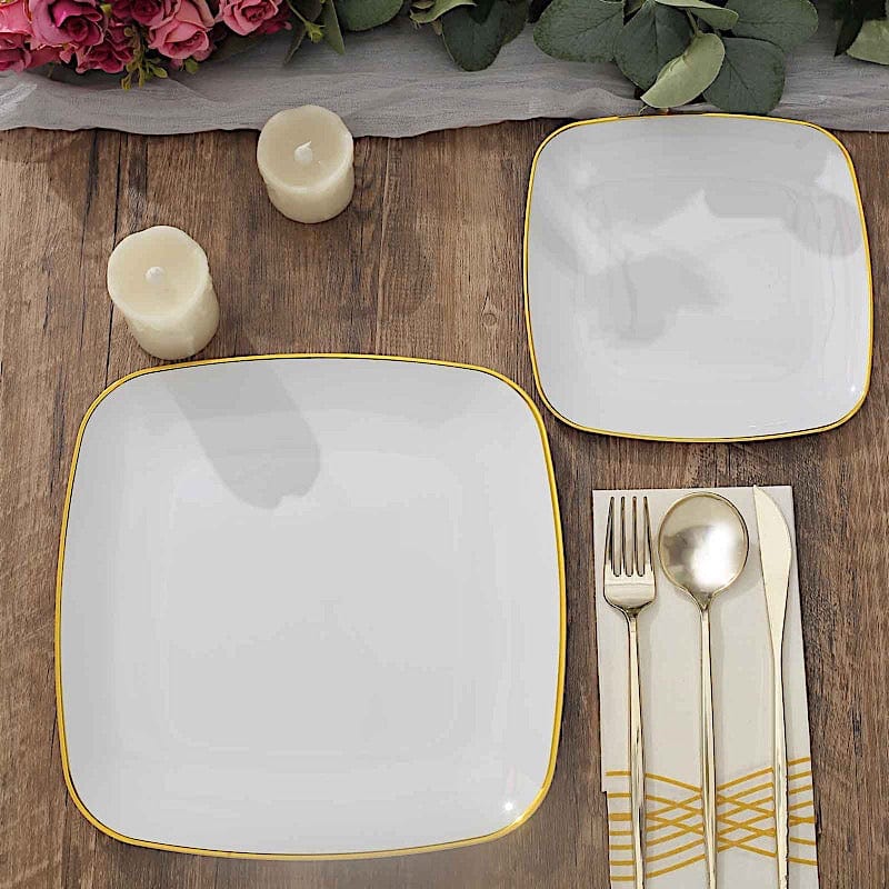 10 Square Disposable Salad and Dinner Plastic Plates with Gold Trim