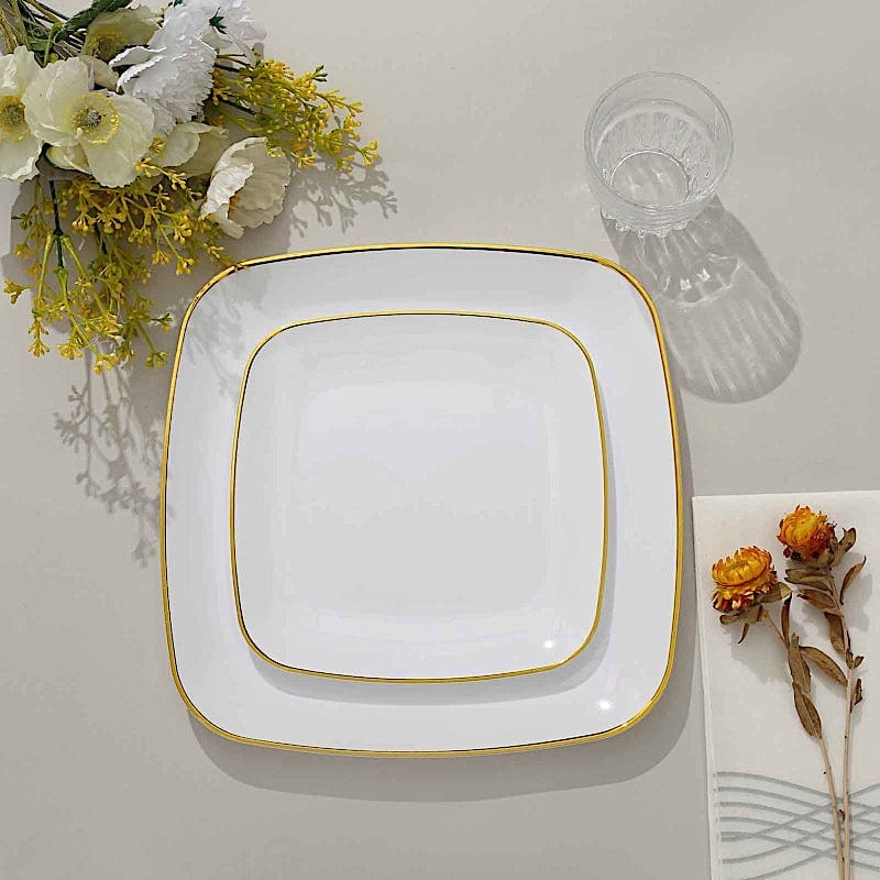 10 Square Disposable Salad and Dinner Plastic Plates with Gold Trim