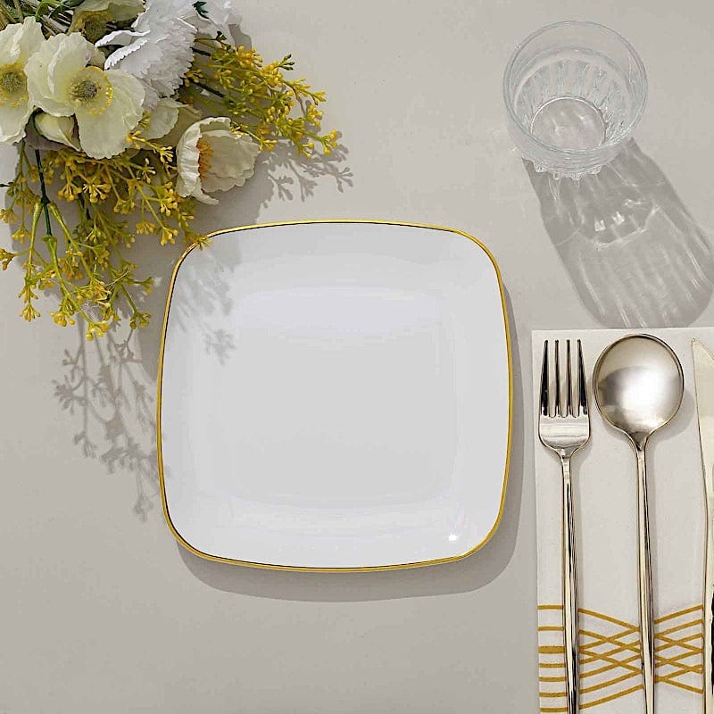 10 Square Disposable Salad and Dinner Plastic Plates with Gold Trim