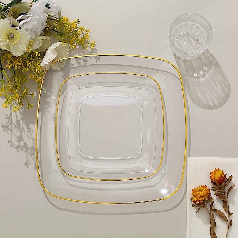 10 Square Disposable Salad and Dinner Plastic Plates with Gold Trim