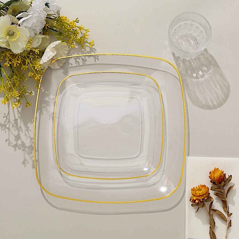 10 Square Disposable Salad and Dinner Plastic Plates with Gold Trim