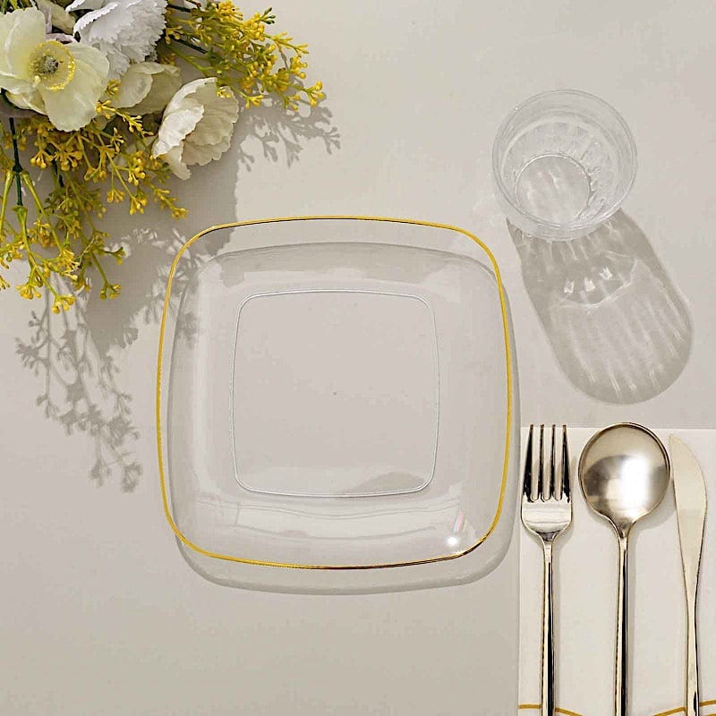 10 Square Disposable Salad and Dinner Plastic Plates with Gold Trim
