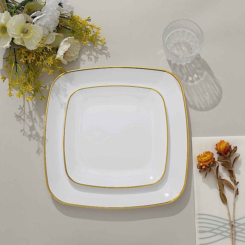 10 Square Disposable Salad and Dinner Plastic Plates with Gold Trim