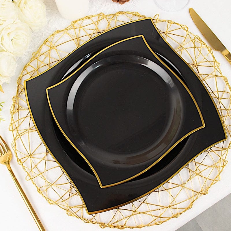 10 Square Disposable Salad and Dinner Plastic Plates with Wavy Gold Trim