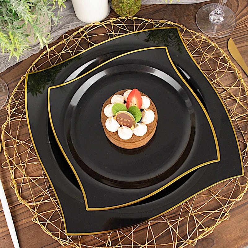 10 Square Disposable Salad and Dinner Plastic Plates with Wavy Gold Trim