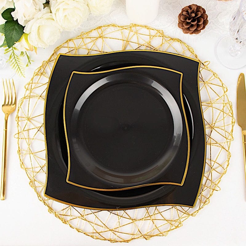 10 Square Disposable Salad and Dinner Plastic Plates with Wavy Gold Trim