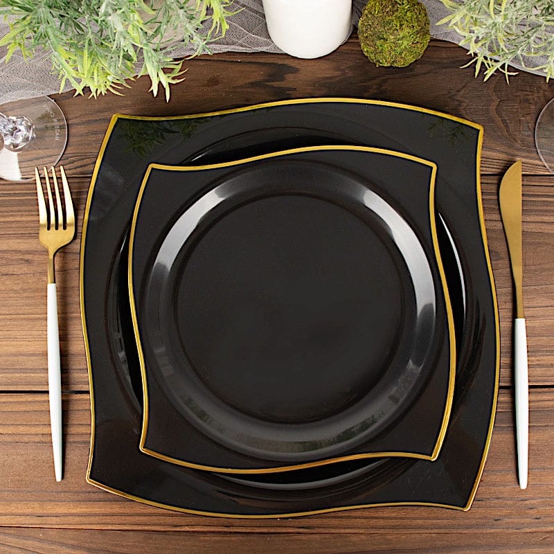 10 Square Disposable Salad and Dinner Plastic Plates with Wavy Gold Trim