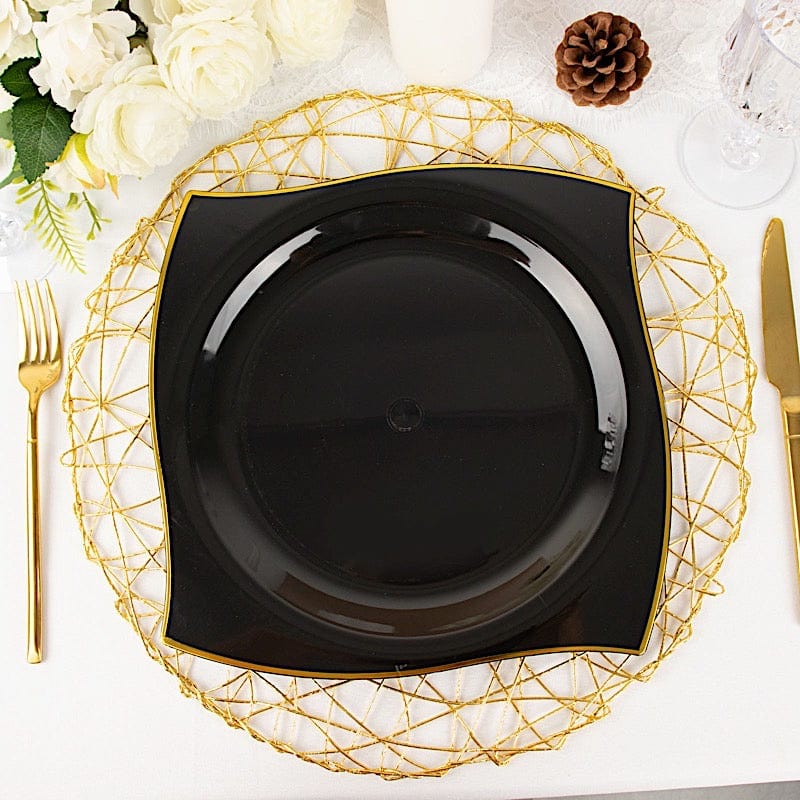 10 Square Disposable Salad and Dinner Plastic Plates with Wavy Gold Trim