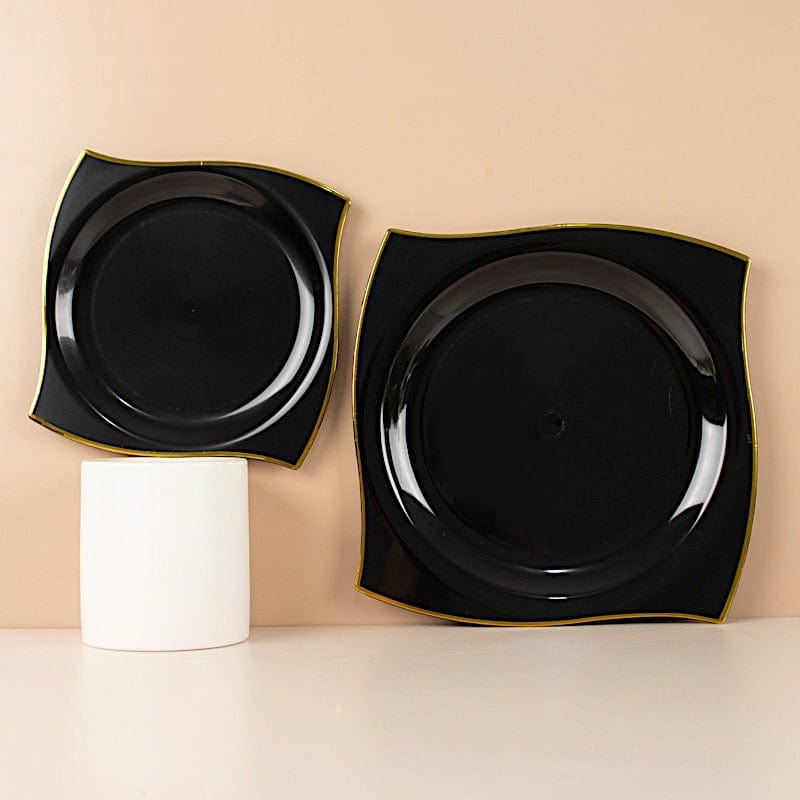 10 Square Disposable Salad and Dinner Plastic Plates with Wavy Gold Trim