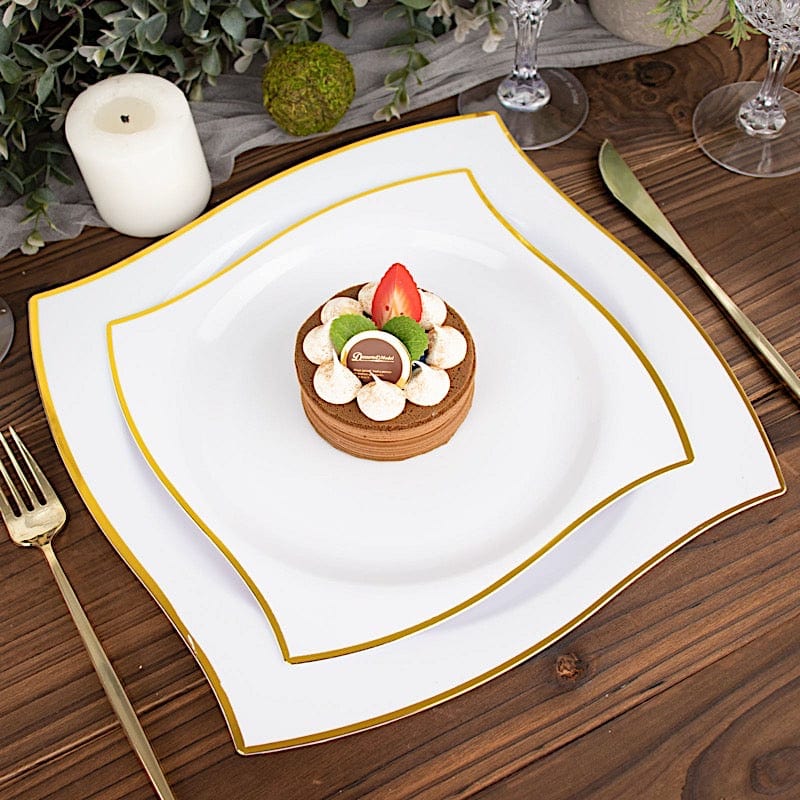 10 Square Disposable Salad and Dinner Plastic Plates with Wavy Gold Trim