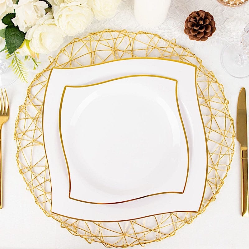 10 Square Disposable Salad and Dinner Plastic Plates with Wavy Gold Trim