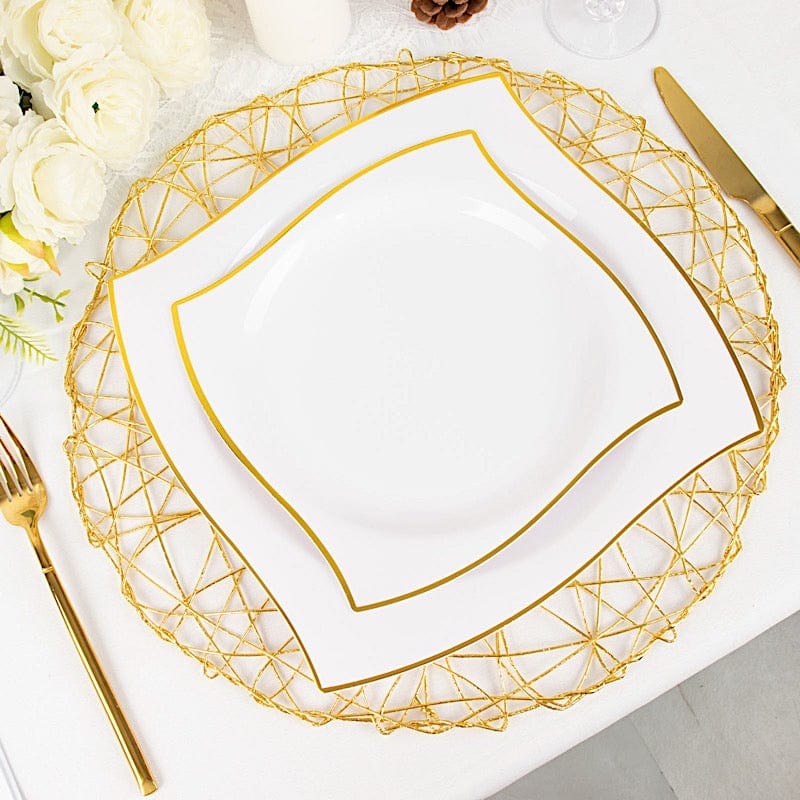 10 Square Disposable Salad and Dinner Plastic Plates with Wavy Gold Trim