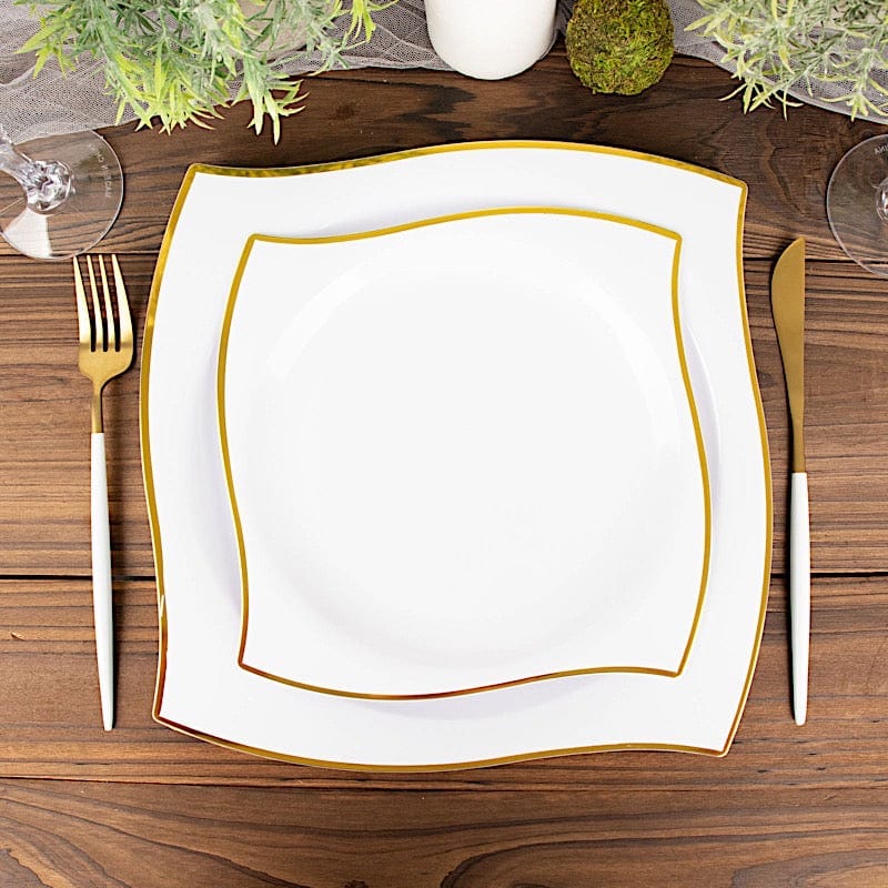10 Square Disposable Salad and Dinner Plastic Plates with Wavy Gold Trim