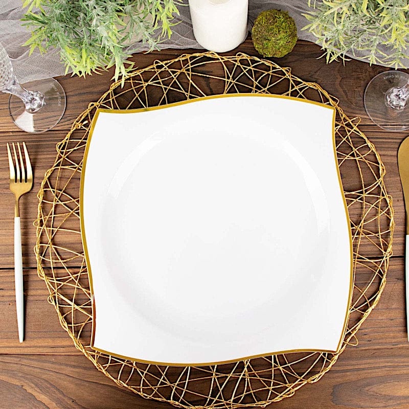 10 Square Disposable Salad and Dinner Plastic Plates with Wavy Gold Trim