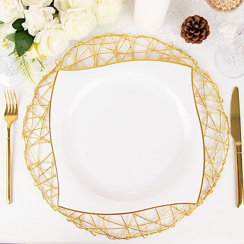 10 Square Disposable Salad and Dinner Plastic Plates with Wavy Gold Trim