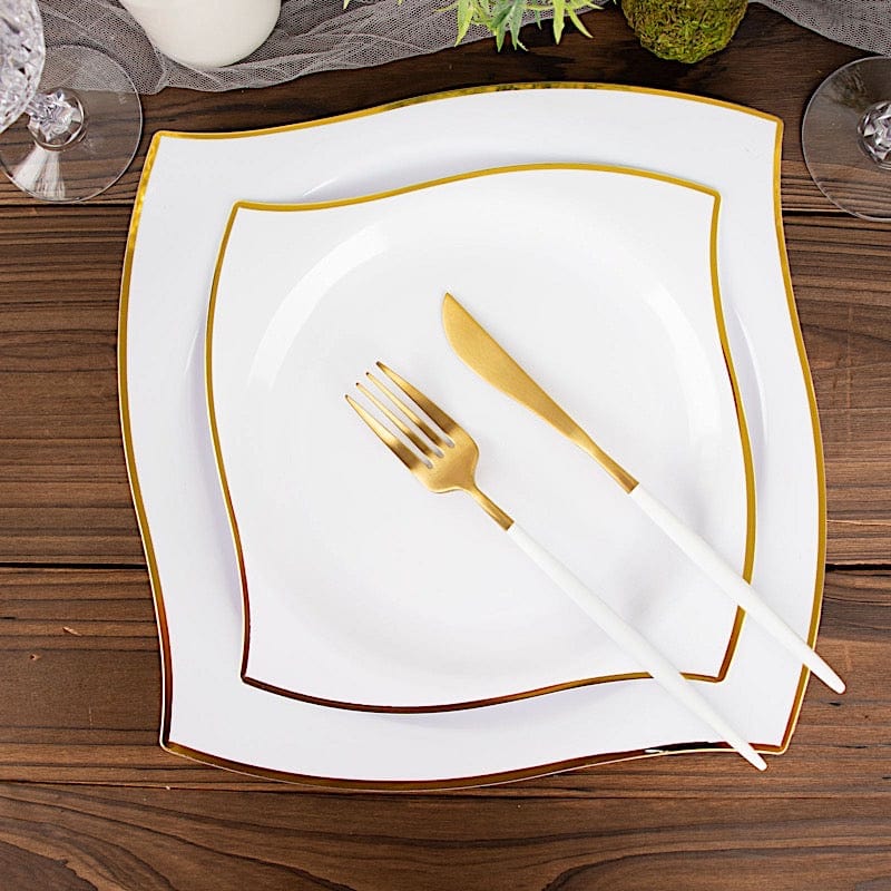 10 Square Disposable Salad and Dinner Plastic Plates with Wavy Gold Trim