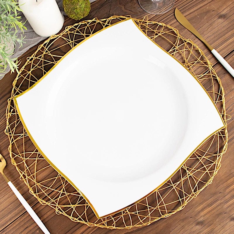10 Square Disposable Salad and Dinner Plastic Plates with Wavy Gold Trim