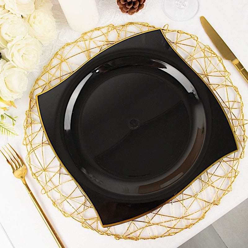 10 Square Disposable Salad and Dinner Plastic Plates with Wavy Gold Trim