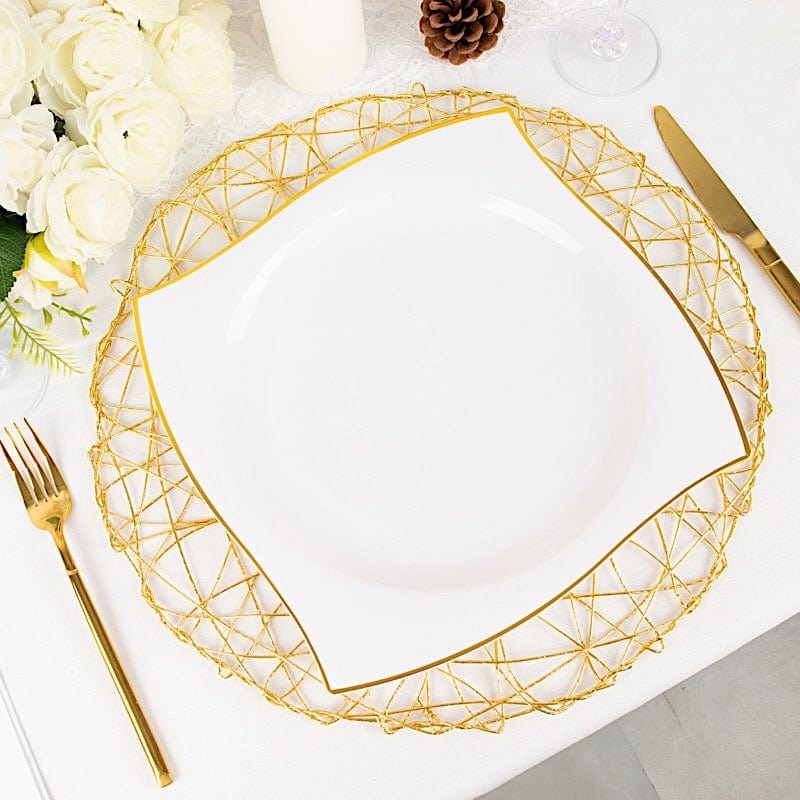 10 Square Disposable Salad and Dinner Plastic Plates with Wavy Gold Trim