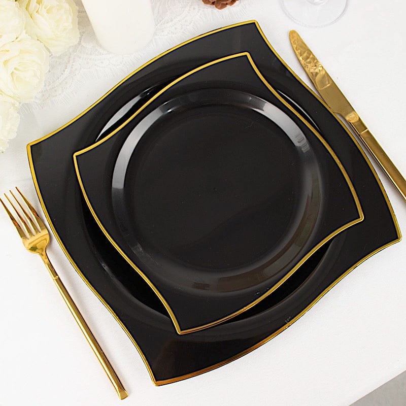 10 Square Disposable Salad and Dinner Plastic Plates with Wavy Gold Trim