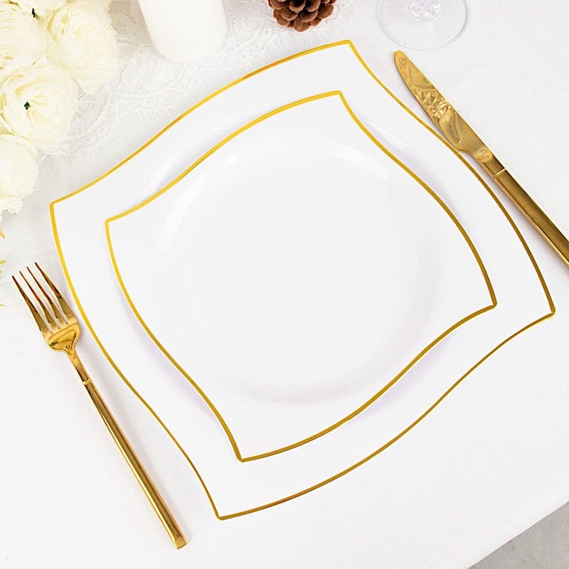 10 Square Disposable Salad and Dinner Plastic Plates with Wavy Gold Trim