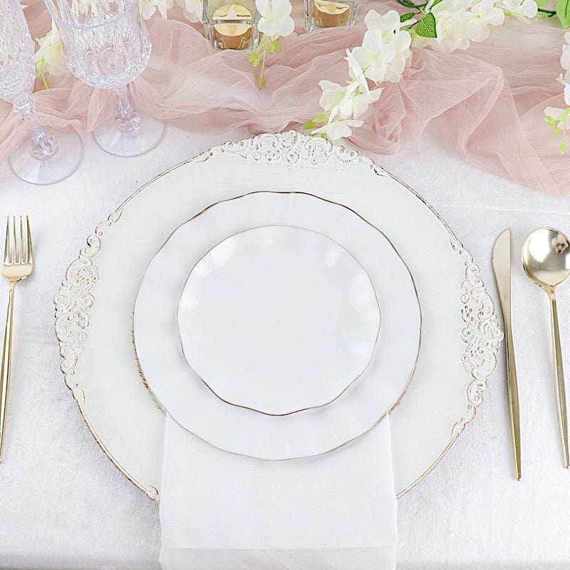 10 Round Disposable Salad Dinner Plastic Plates with Gold Wavy Trim