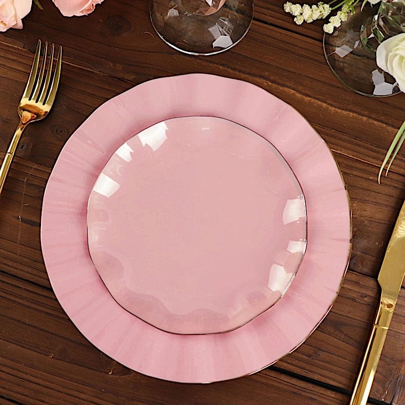 10 Round Disposable Salad Dinner Plastic Plates with Gold Wavy Trim