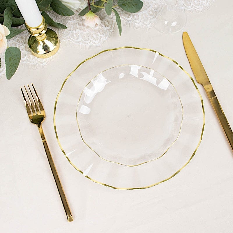 10 Round Disposable Salad Dinner Plastic Plates with Gold Wavy Trim