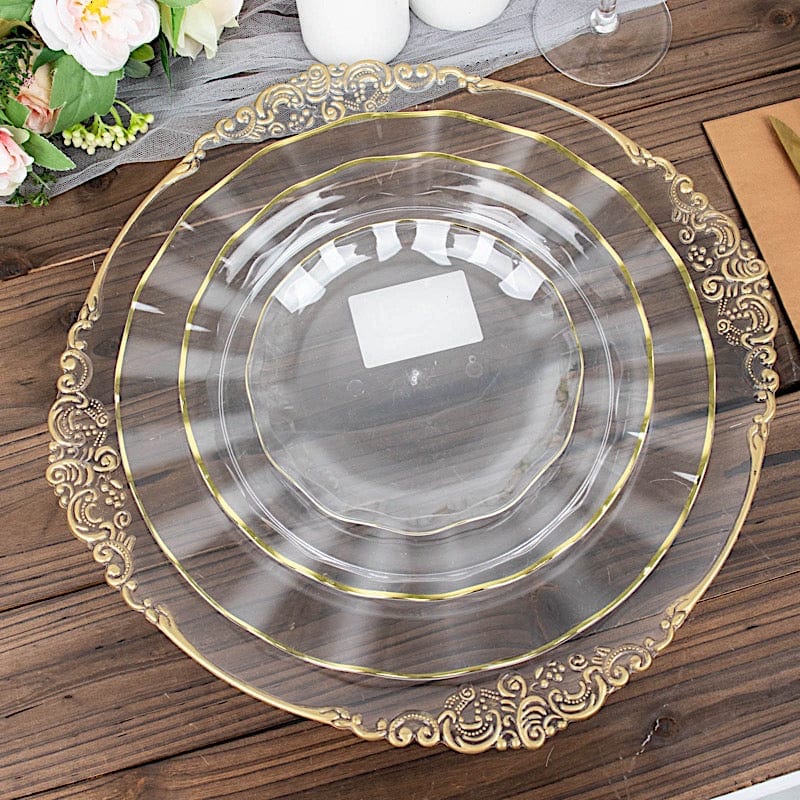 10 Round Disposable Salad Dinner Plastic Plates with Gold Wavy Trim