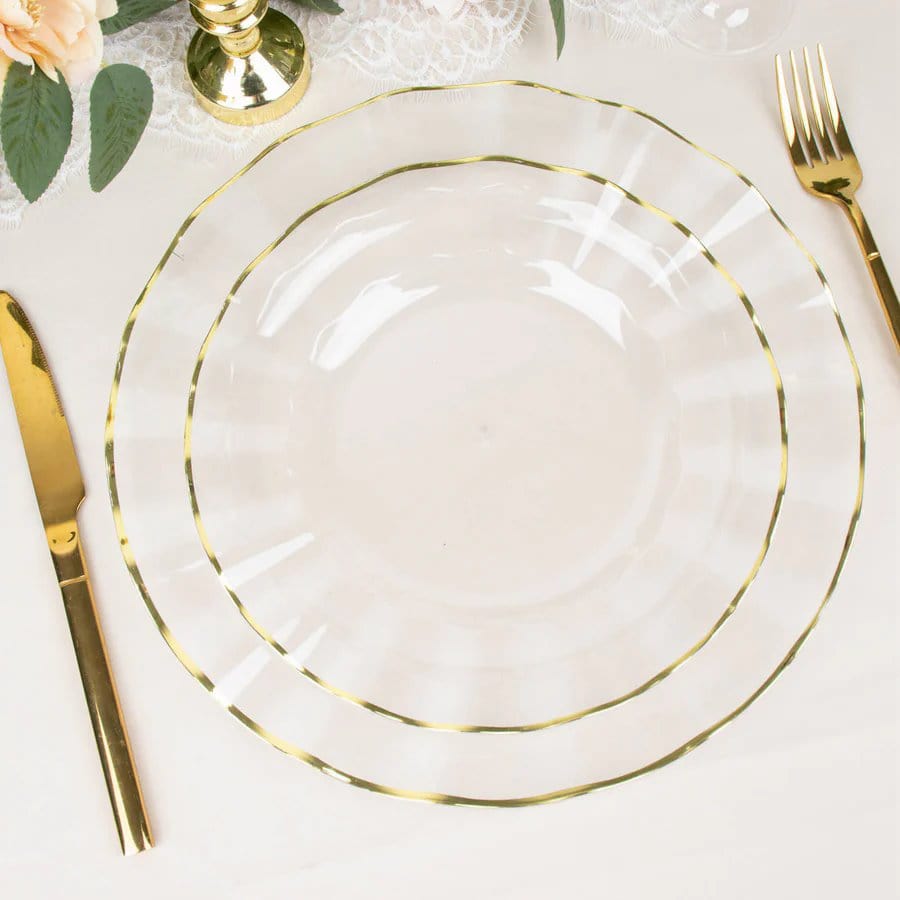 10 Round Disposable Salad Dinner Plastic Plates with Gold Wavy Trim