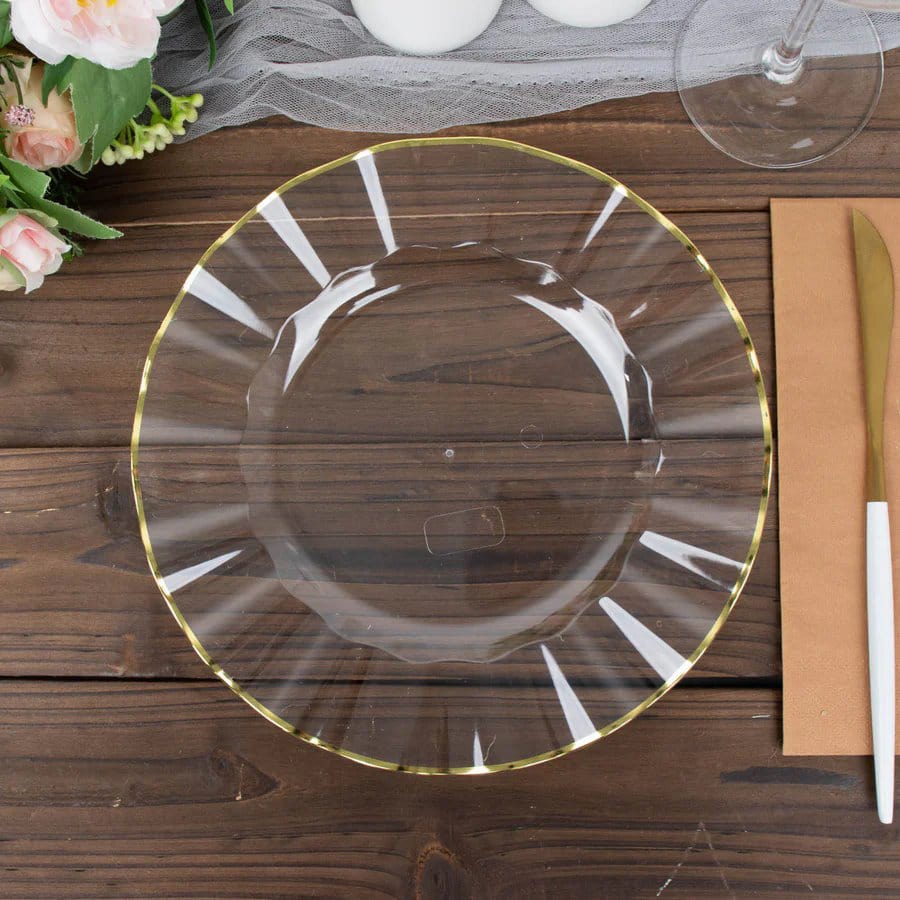10 Round Disposable Salad Dinner Plastic Plates with Gold Wavy Trim