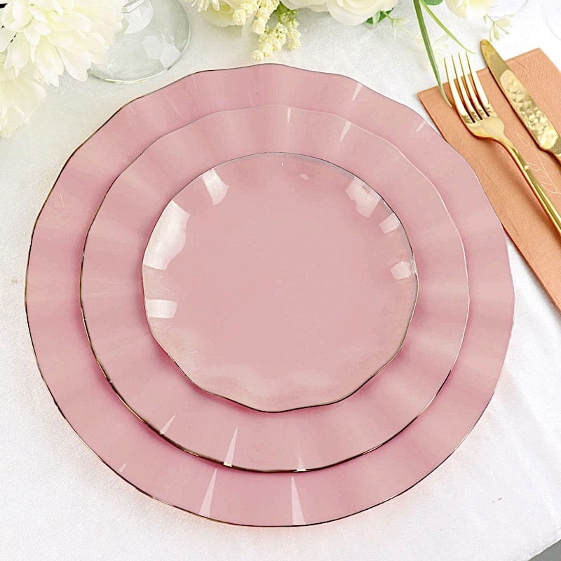 10 Round Disposable Salad Dinner Plastic Plates with Gold Wavy Trim