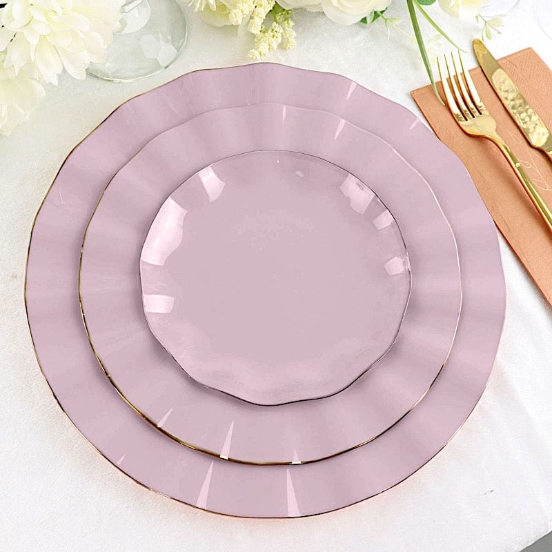 10 Round Disposable Salad Dinner Plastic Plates with Gold Wavy Trim
