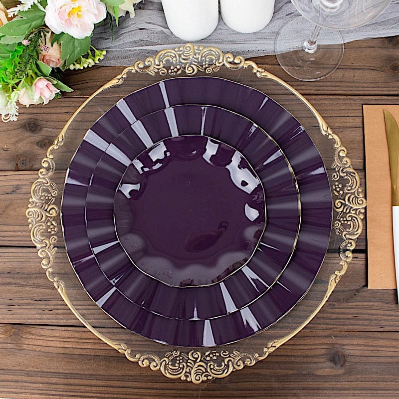 10 Round Disposable Salad Dinner Plastic Plates with Gold Wavy Trim