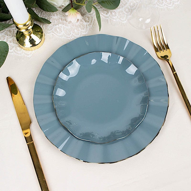 10 Round Disposable Salad Dinner Plastic Plates with Gold Wavy Trim