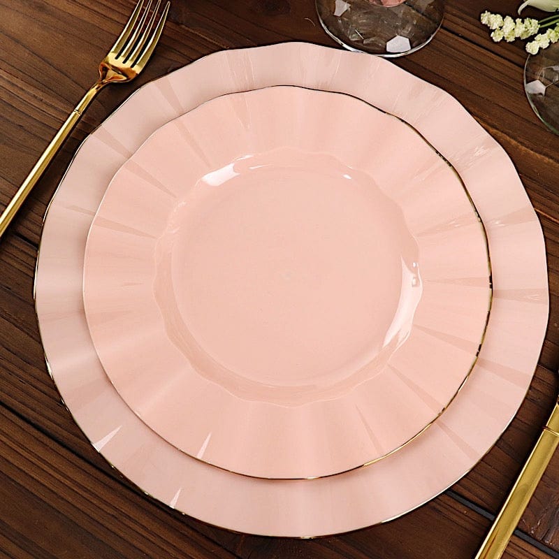 10 Round Disposable Salad Dinner Plastic Plates with Gold Wavy Trim