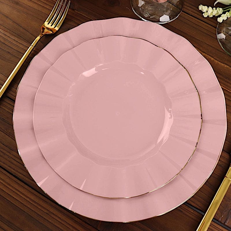 10 Round Disposable Salad Dinner Plastic Plates with Gold Wavy Trim