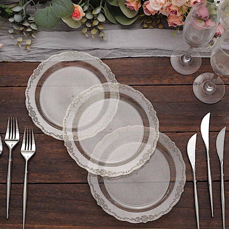 12 Clear Round Glittered Disposable Round Plastic Salad Dinner Plates