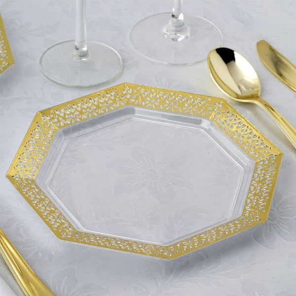 12 pcs 8" Disposable Clear with Gold Lace Rim Plastic Octagonal Dessert Plates